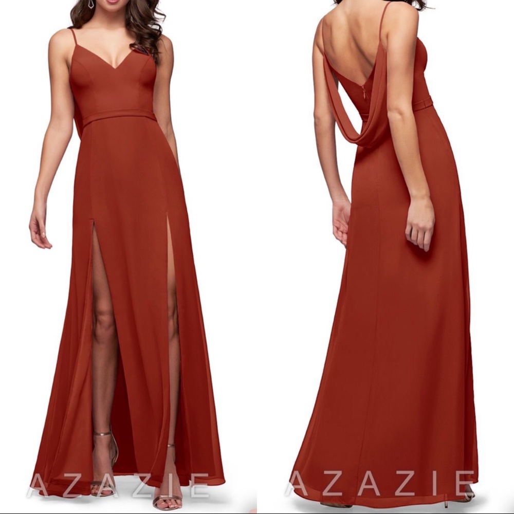Azazie Candice V Neck Sleeveless Cowl Back Maxi Bridesmaid Dress Size A16